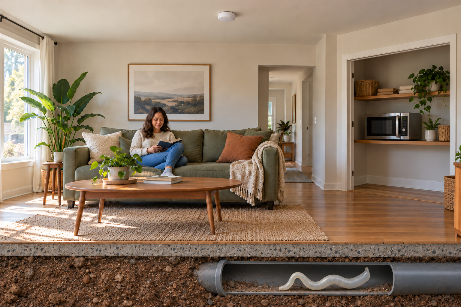 A sunlit living room with a ceiling sensor, a woman reading on a green couch, a microwave oven on a shelf, and a cutaway beneath the floor revealing a silicone-rubber worm robot inside a plastic pipe.